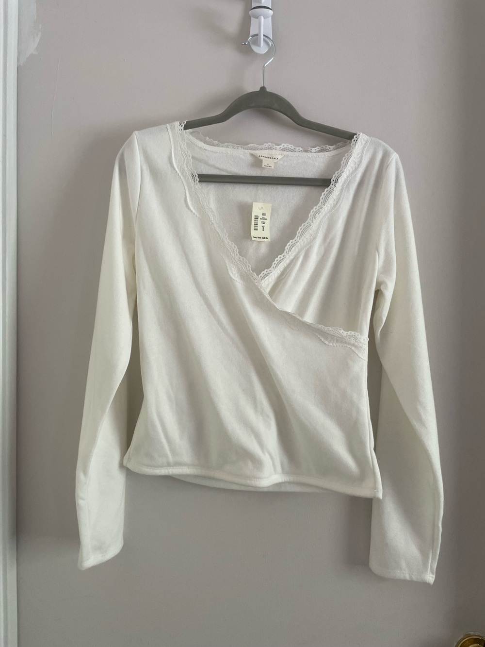 Aeropostale Lace-Trim Faux Wrap Top, White, Size L, NWT
